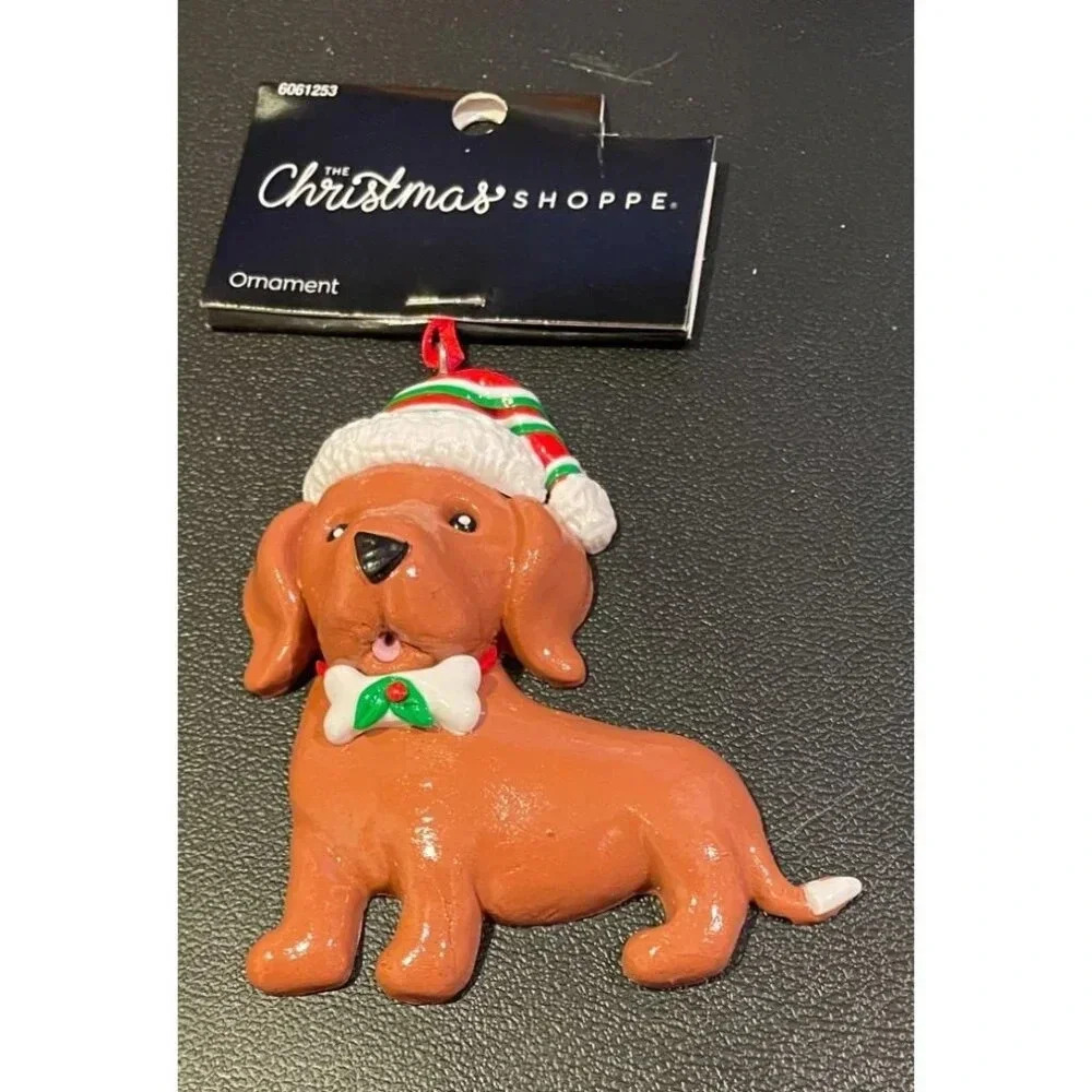 Dachshund Brown Dog Puppy Christmas Holiday‎ Ornament Santa Hat Bow NEW Clay